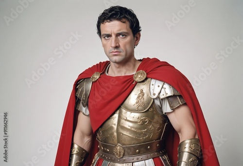 portrait of a male Roman emperor with a stern expression, wearing traditional armor and a red cape, isolated on a stark white background
 photo