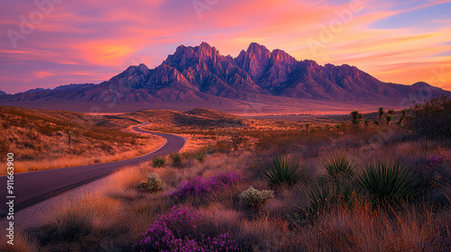 A bright desert landscape dotted with cacti and wildflowers. Generative AI