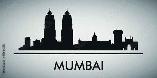 The city skyline. Mumbai. Silhouettes of buildings. Vector on a gray background