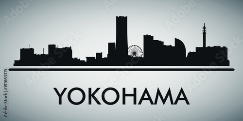 The city skyline. Yokohama. Silhouettes of buildings. Vector on a gray background