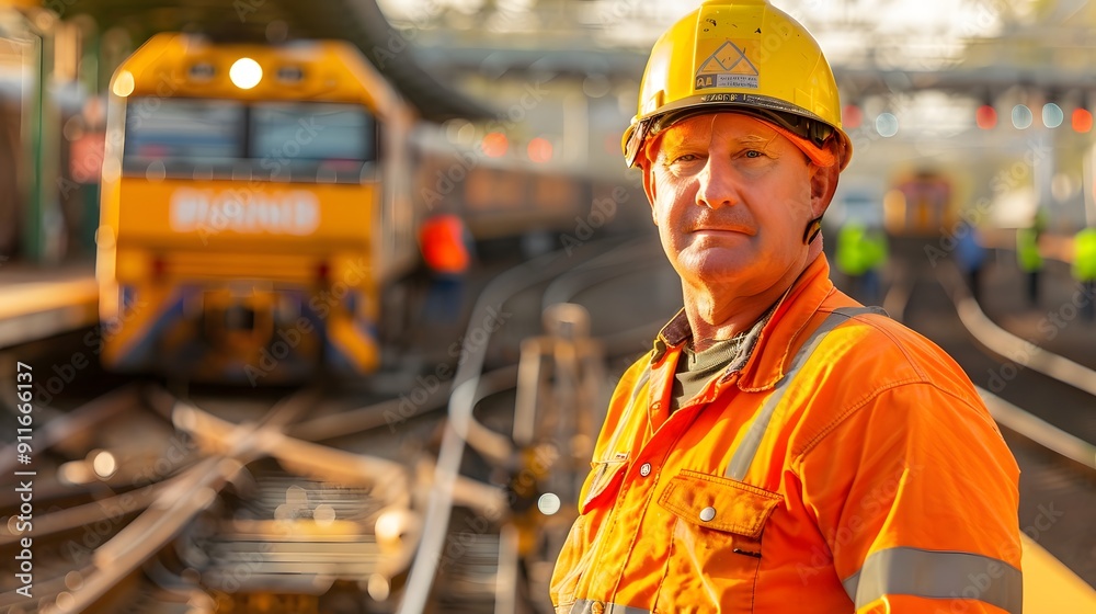 Railway worker in orange safety gear standing on tracks with a train approaching in the background Railway worker in orange safety gear standing on tracks with a train approaching in the background