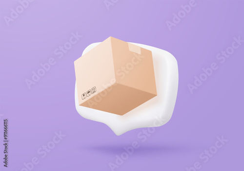 3D box icon for online deliver logistic service, delivery tracking, pin location point marker for shipment. Product shipping packing come out from bubble. 3d package icon vector render illustration