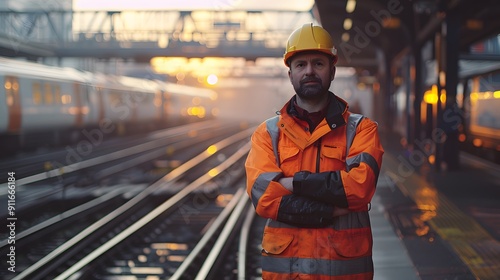 Railway worker in orange safety gear standing confidently on a foggy train platform