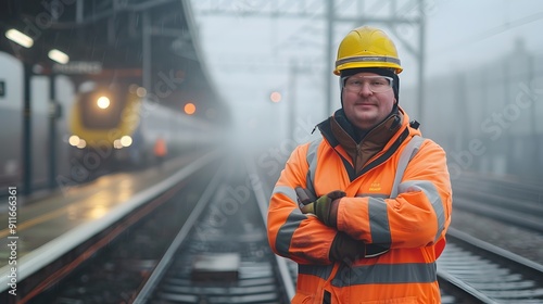 Smiling railway worker in orange safety vest and yellow hardhat with trains in the background