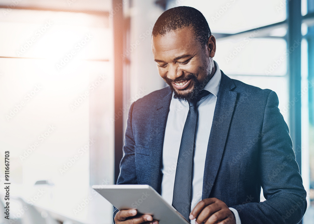 Fototapeta premium Black man, smile and tablet for reading business email, communication and networking in office. African financial advisor, happy and fintech for online news, positive feedback and investment research