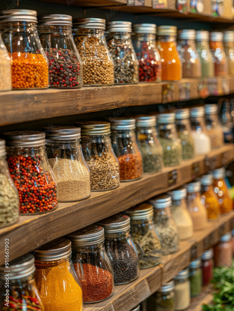 Jars of various spices neatly arranged on wooden shelves Jars of various spices neatly arranged on wooden shelves