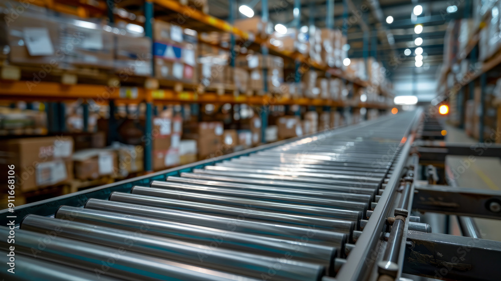 Conveyor belt in a warehouse full of boxes and shelves