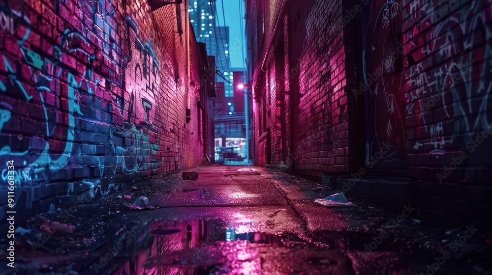 gritty urban alleyway illuminated by vibrant street art neonhued graffiti covers brick walls creating kaleidoscopic nighttime scene edgy blend of art and urban decay