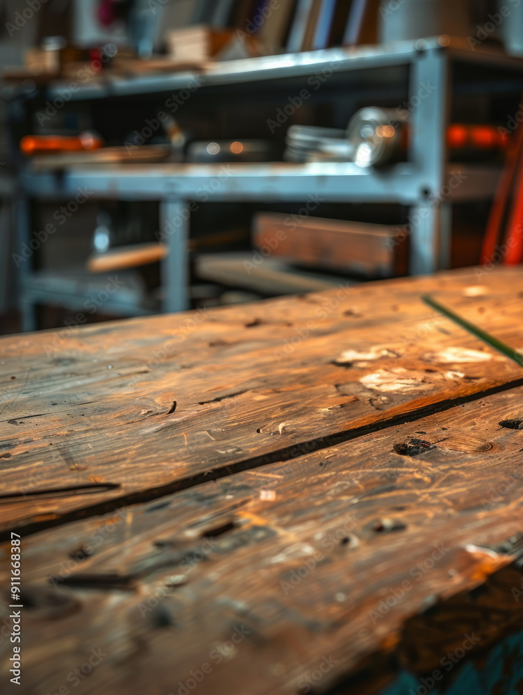 Wooden workbench in a cozy workshop setting. Wooden workbench in a cozy workshop setting.