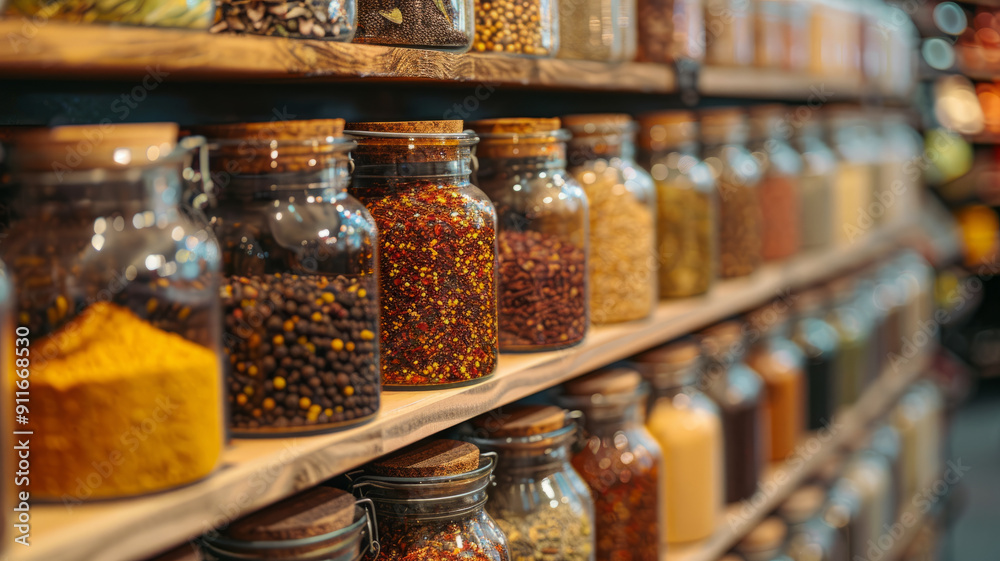 Jars of spices neatly organized on wooden shelves in a pantry. Jars of spices neatly organized on wooden shelves in a pantry.