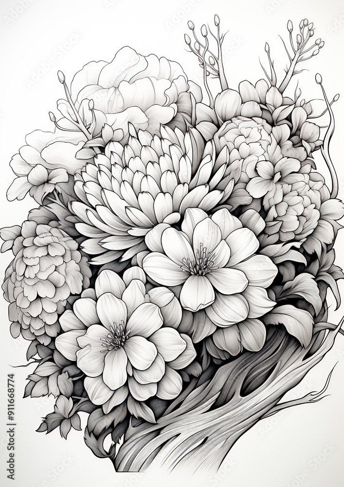 Hand drawn bouquet of dahlias and chrysanthemums. Black and white ...