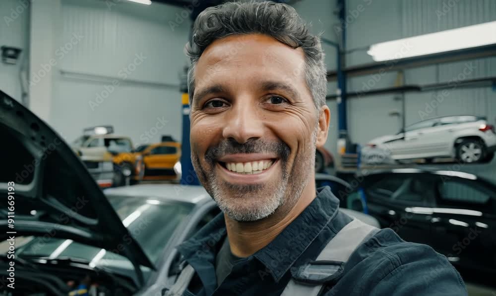 Portrait of a happy mechanic smiling at the camera in a garage Portrait of a happy mechanic smiling at the camera in a garage