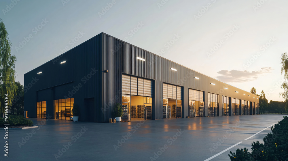 Exterior of a modern warehouse with a small office unit Exterior of a modern warehouse with a small office unit
