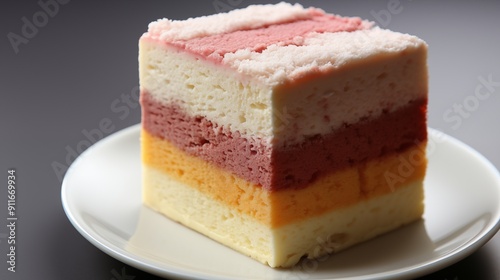 Close view of a fresh battenberg cake, highlighting delicious textures, front view from above, studio lighting, white background. photo