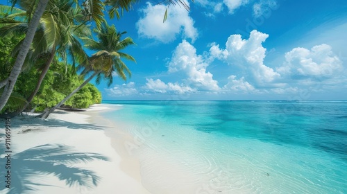 idyllic tropical beach scene with crystalclear turquoise waters and pristine white sand palm trees sway gently framing pictureperfect vacation paradise photo