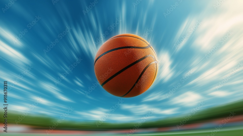Dynamic motion shot of a basketball in mid-air against a vibrant sky, showcasing energy and movement. Dynamic motion shot of a basketball in mid-air against a vibrant sky, showcasing energy and movement.