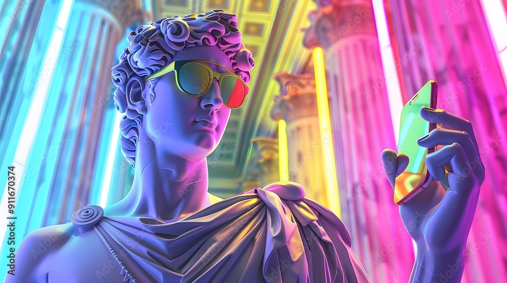 Obraz premium Roman statue with sunglasses and smartphone in a colorful modern background