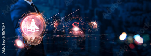 Billede på lærred Aerospace: Businessman hand holding globe with network connecting data of digital technology, satellite communication, aviation systems, space exploration, advanced propulsion technology