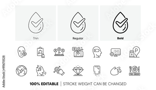 Electricity, Pre-order food and Inspect line icons. Pack of Diamond, Blood donation, Weariness icon. Smartphone recovery, Video conference, Dermatologically tested pictogram. Line icons. Vector