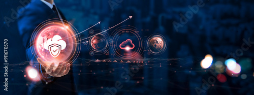 Photography Cloud Security: Businessman hand holding globe with network connecting data of digital technology, data protection, cyber resilience, secure access, privacy compliance