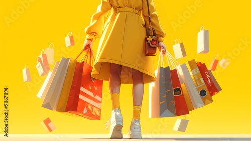 Stylish Woman in a Yellow Coat Carrying Multiple Shopping Bags Against a Bright Yellow Background – A Modern Illustration of Retail Therapy and Fashion