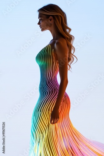 Sculptural elegance of a woman in a rainbow-inspired dress at sunset photo