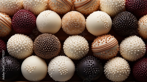 Close view of a fresh brigadeiros, with delicious textures, front view from above, studio lighting, white background.