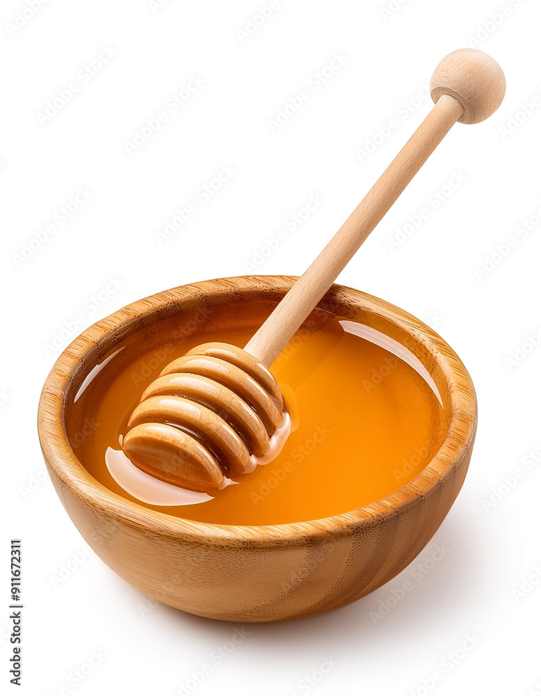 Honey with wooden honey dipper in wooden bowl isolated on white background Honey with wooden honey dipper in wooden bowl isolated on white background