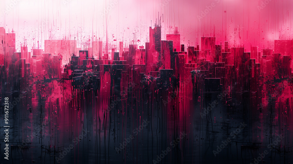 Abstract depiction of a city skyline under a red and pink sky, with ...