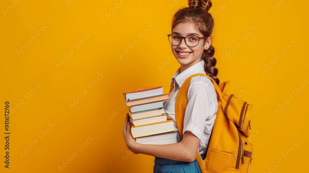 Cheerful Schoolgirl with Books on Yellow Background - Back to School, Education Concept Cheerful Schoolgirl with Books on Yellow Background - Back to School, Education Concept