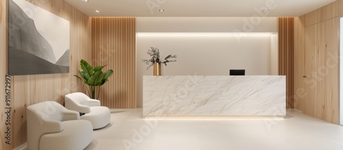 clean and minimalistic reception area of an aesthetic clinic, featuring a sleek marble counter