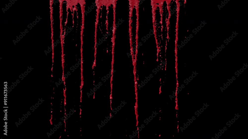 Blood dripping and leaving trails on a surface, from top to bottom, blood VFX element - 60 fps, 4K Pro Res with mask pass