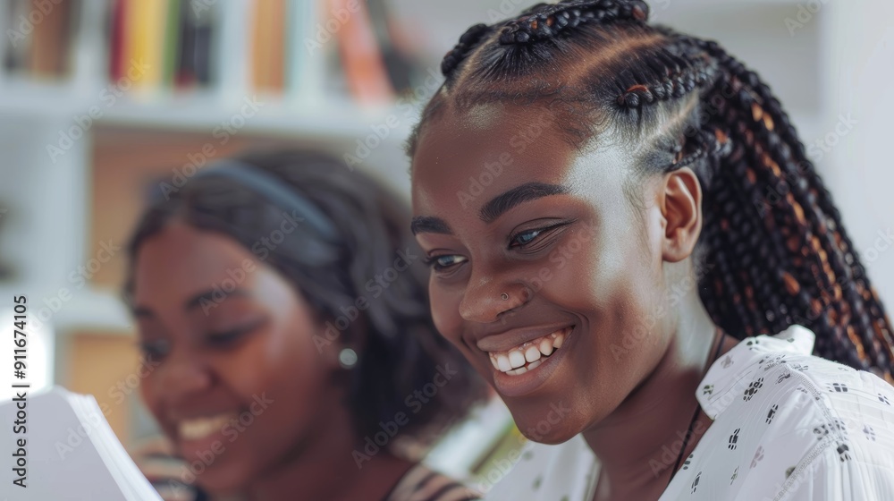 A black woman studying with books on a table with a tutor. Friends, students, and study at Phoenix desk with notebook for college, university, or school. A black woman studying with books on a table with a tutor. Friends, students, and study at Phoenix desk with notebook for college, university, or school.