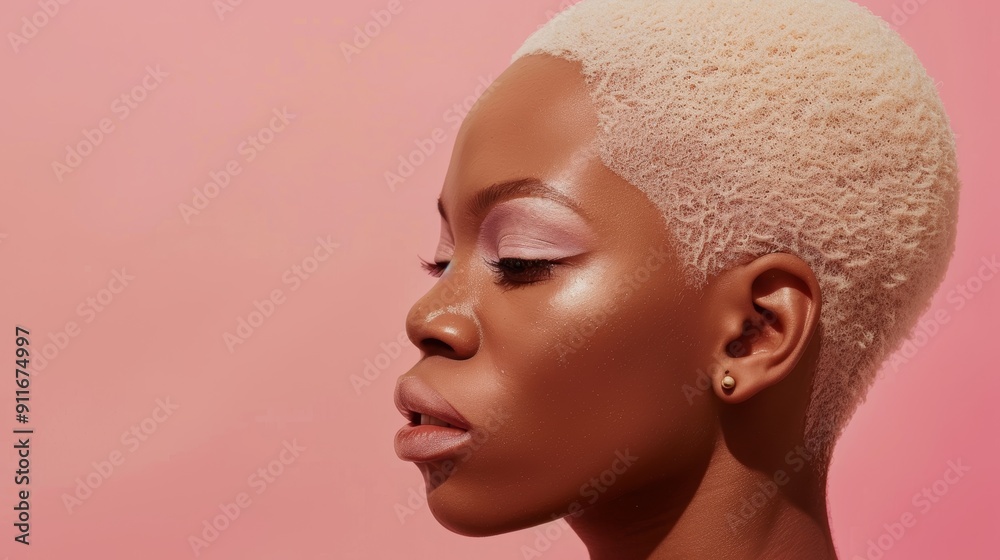 Black woman in studio with short blonde hair, face profile, and pink background. Generation Z African model, female, and natural glow with wellness, aesthetic, or self-care Black woman in studio with short blonde hair, face profile, and pink background. Generation Z African model, female, and natural glow with wellness, aesthetic, or self-care