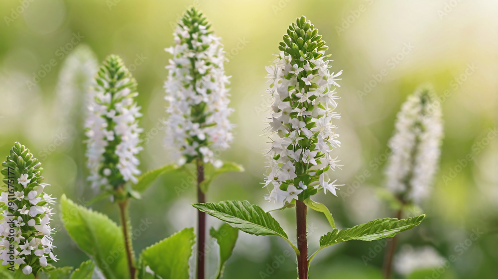 Image of a Single Flowering Plant with Delicate White Flowers and Serrated Green Leaves Against a Soft, Blurred Gradient Background