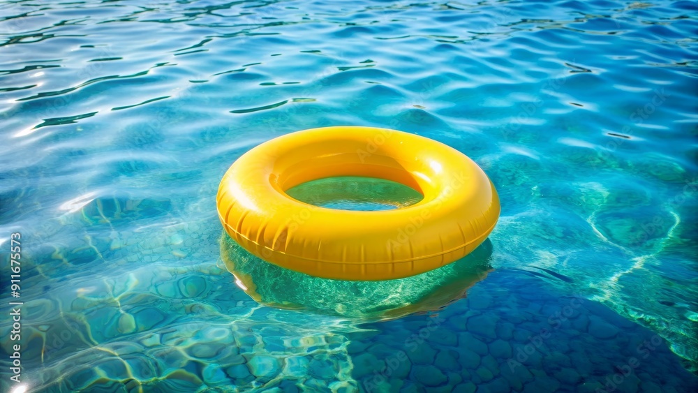 Yellow Inflatable Ring Floating on Rippling Blue Water, Summer, Vacation, Pool, Relaxation, Water, Swimming