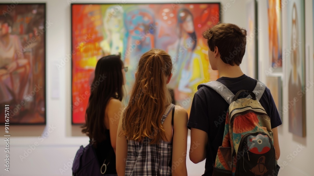 Obraz premium Freshmen Students Observing Art Gallery Exhibits - Cultural and Inspiring Campus Activity