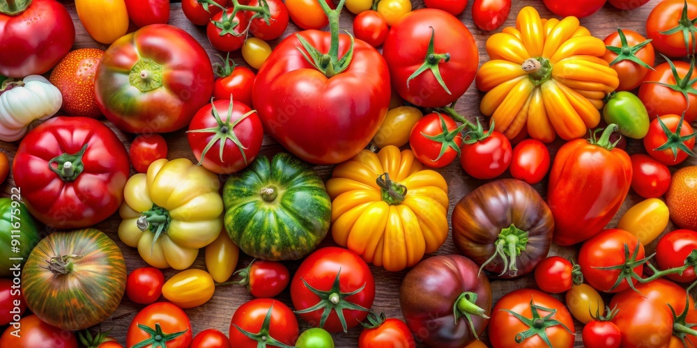 A Colorful Abundance of Tomatoes A Close-up View of a Variety of Tomato Shapes, Sizes, and Colors, Vegetables, Food, Tomatoes, Red A Colorful Abundance of Tomatoes A Close-up View of a Variety of Tomato Shapes, Sizes, and Colors, Vegetables, Food, Tomatoes, Red