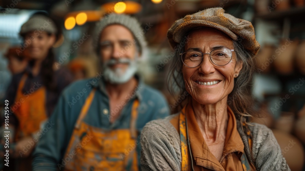 Smiling Senior Woman Craftsperson with Glasses and Hat in Workshop Smiling Senior Woman Craftsperson with Glasses and Hat in Workshop