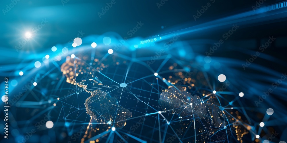 Obraz premium close up of the Earth with digital connections between various continents, symbolizing global connectivity