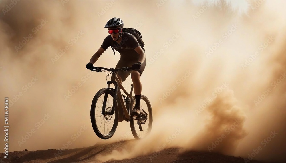 Obraz premium silhouette of a cyclist descending a hill on a mountain bike in dust and smoke