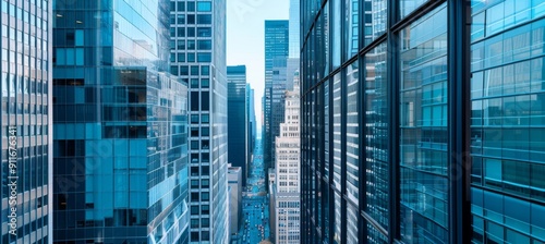 close up of the glass windows on modern skyscrapers, reflecting other buildings and sky in shades of blue.