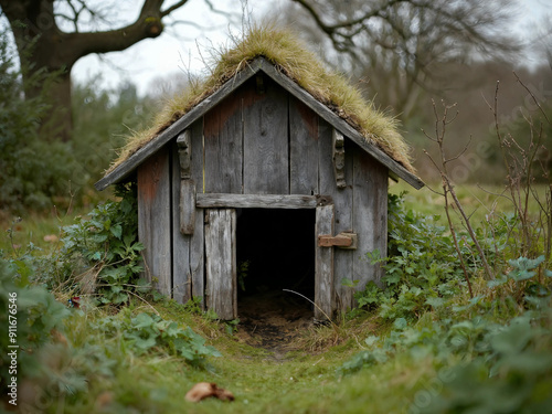 Direct View of an old dog kennel in the middle of a garden near a farmhouse.