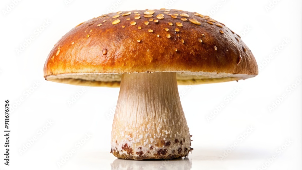 Obraz premium A Single Brown Mushroom with White Spots on a White Background, Mushroom, Fungus, Nature , Food