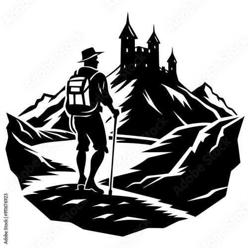 A hiker on a rocky trail with the silhouette of a castle in the distance vector