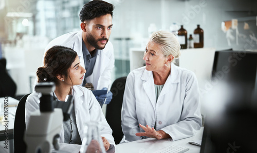 Obraz na plátně Meeting, research and team of scientists in laboratory for pharmaceutical innovation with drug trial