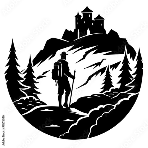 A hiker on a rocky trail with the silhouette of a castle in the distance vector