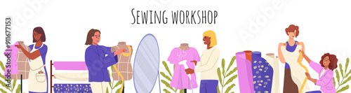 Web banner template with sewing design, Flat vector hand drawn illustration.