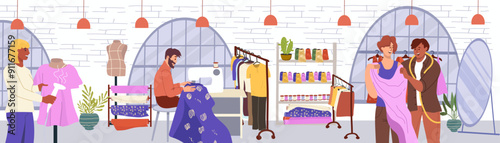 Hand drawn sewing studio, measures for sewing composition, product sewing space, creative space, loft with windows, hand drawn, vector.