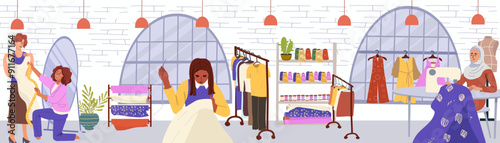 Hand drawn sewing studio, measures for sewing composition, product sewing space, creative space, loft with windows, hand drawn, vector.